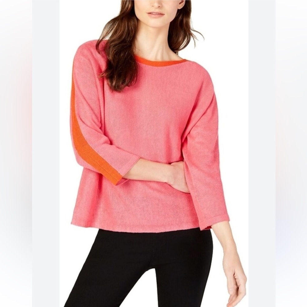 Eileen Fisher Pink Orange Knit Sweater 100% Organic Linen Medium